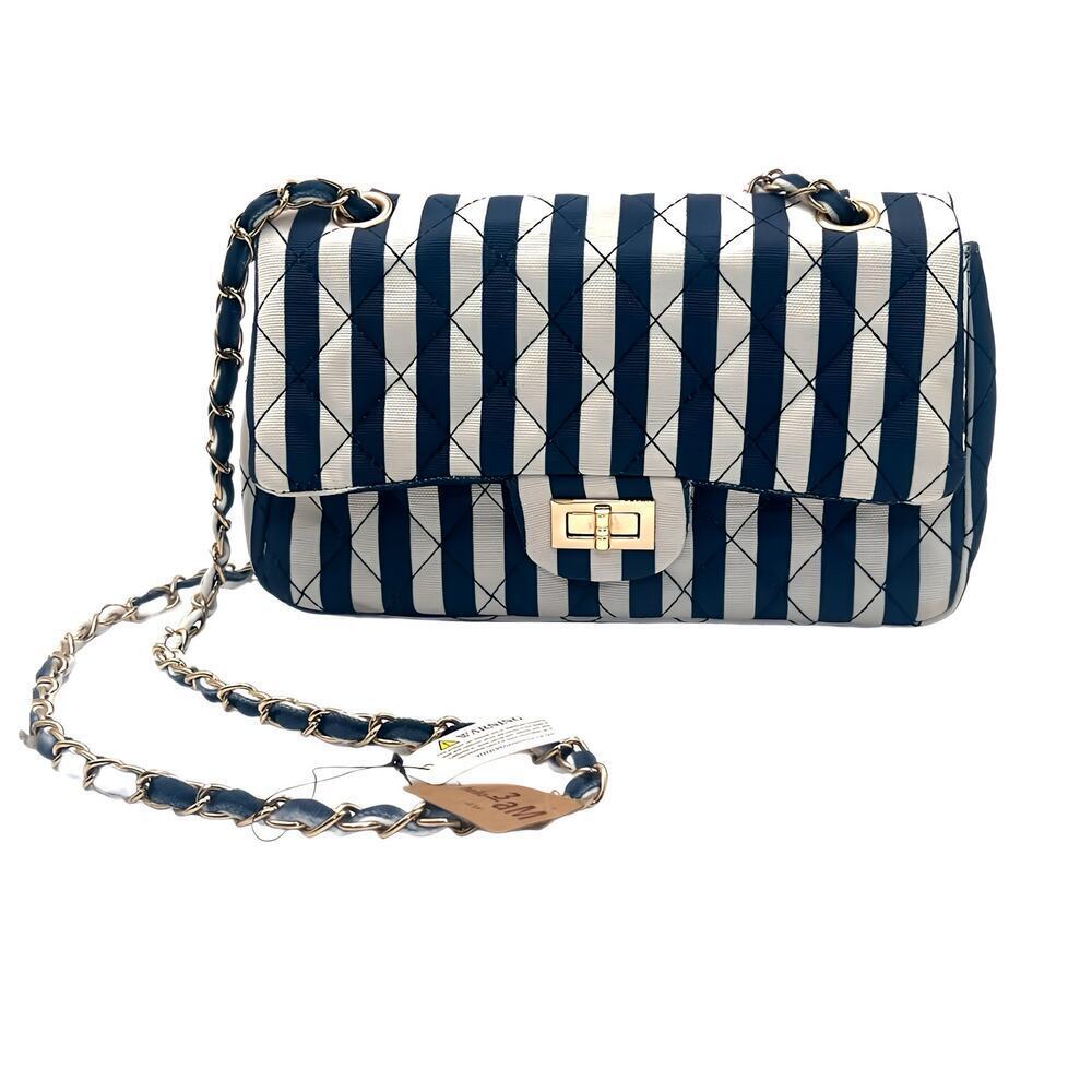 Hello 3AM Blue White Stripe Nautical Shoulder Clutch Gold Chain Crossbody Bag